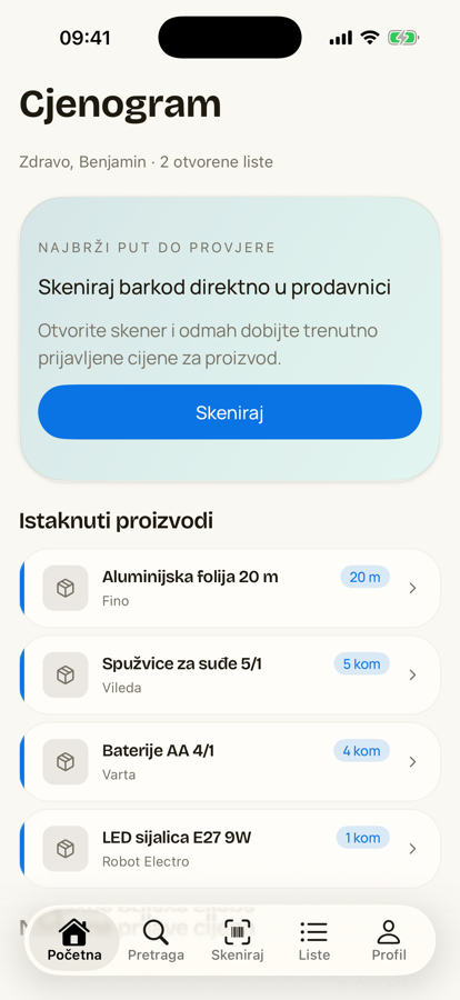 Cjenogram početni ekran
